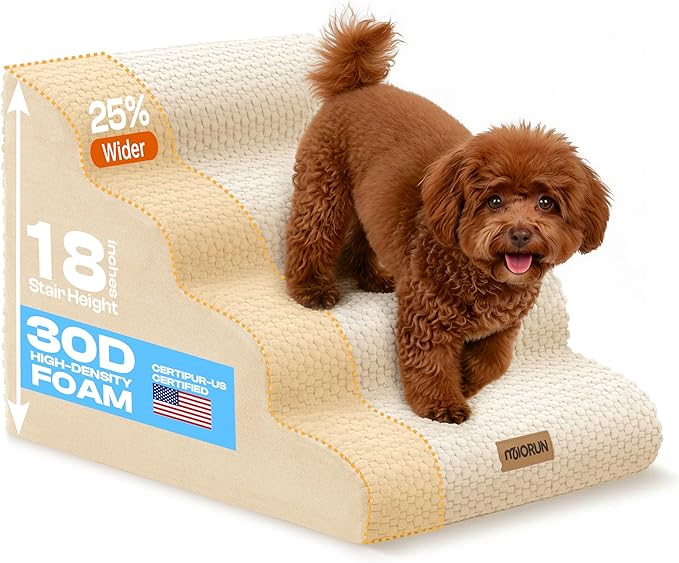 Extra Wide 4-Step Dog Stairs for Bed & Couch up to 20" H, More Stable Non-Slip Cat Steps with Balanced Foam Structure, Stylish Indoor Dog Steps for Senior Dogs and Cats, Beige