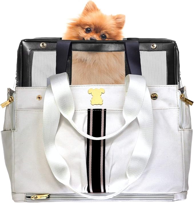 Shell Tote (Shell Tote ONLY for USE with Base PET Carrier, Stripe Canvas- White/Brown)
