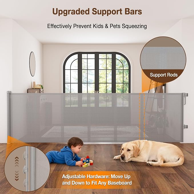 Upgraded 200 inch Retractable Baby Gates Extra Wide with Reinforced Strip Design to Prevent Crawling Through, 13 Foot Retractable Dog Gate, No Drilling, Retractable Gate for Indoor/Outdoor,Grey