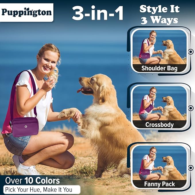Puppington 3-in-1 Crossbody & Dog Treat Pouch for Pet Training - Matching Compostable Poop Bags, Built-In Poop Bag Dispenser & Slow-Feeding Travel Dog Bowl - Dog Walking Bag (Plum Wine)