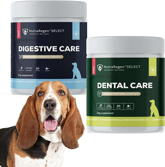 Nutraregen Select Dog Digestive Probiotic Powder and Dental Support Bundle | Pet Dental Powder & Dog Breath Freshener, 7 Bn CFU | 60 Scoops, 6.7 oz