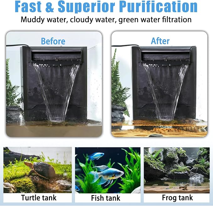 Large Powerful Turtle Tank Filter U V-ery for 40-155 Gal, Low Water Filter Turtle Water Filter for Amphibians Frog Fish Fresh Saltwater Cloudy Green Water Crystal Clear with Turtle Tank Deodorization | Low water level (2.6 IN) available | Kill algae