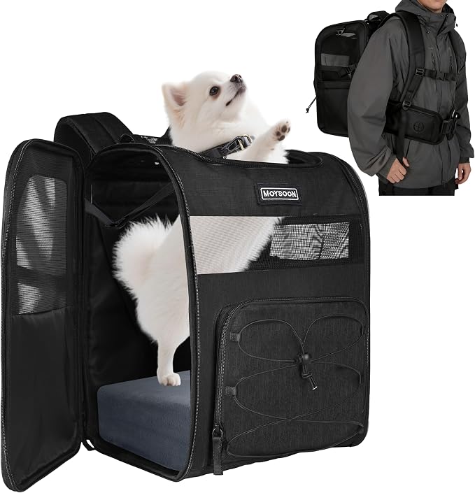 Hiking Dog Carrier Backpack, Padded Height-Enhancing Design, Adjustable Waist Cushioning Belt with Breathable Padded Back Support, Dog Carrier Backpack for Small Dogs Max 13LB Black with Pad