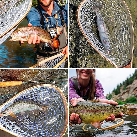 Wooden Frame Fly Fishing Net with Soft Rubber Mesh，Low-Weight Landing Net for Trout & Bass， Catch-and-Release Design for Stream and River Fly Fishing
