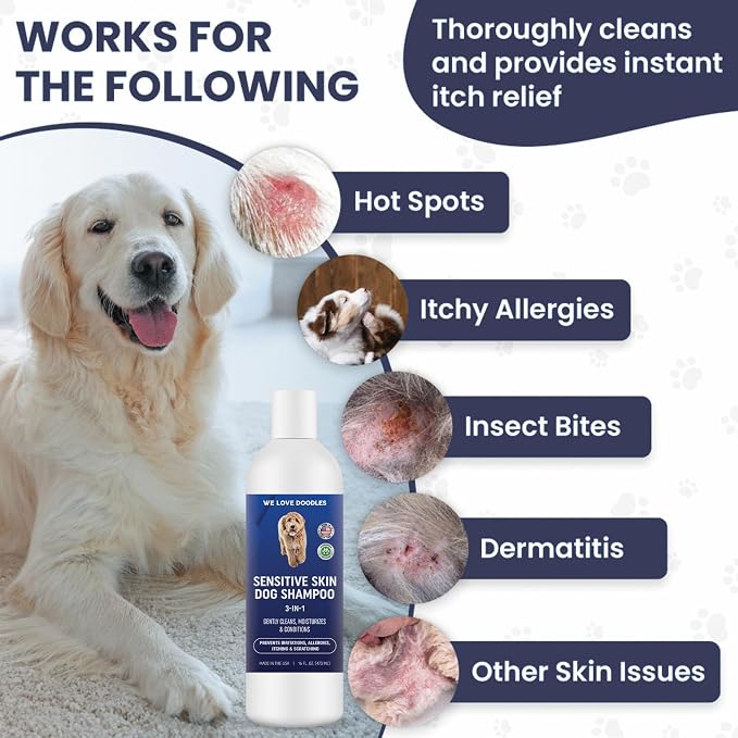 We Love Doodles Premium 3-in-1 Sensitive Skin Dog Shampoo & Pet Dematting Comb - for Allergies, Itching, Scratching, Anti-Itch with Oatmeal & Aloe, Undercoat Rake for Detangling Thinning & Shedding