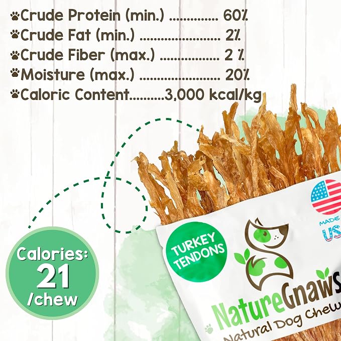 Nature Gnaws USA Turkey Tendons for Dogs (8oz) - Delicious Grain Free Reward Snack for Small, Medium & Large Breeds - Premium Natural Dog Chew Treats
