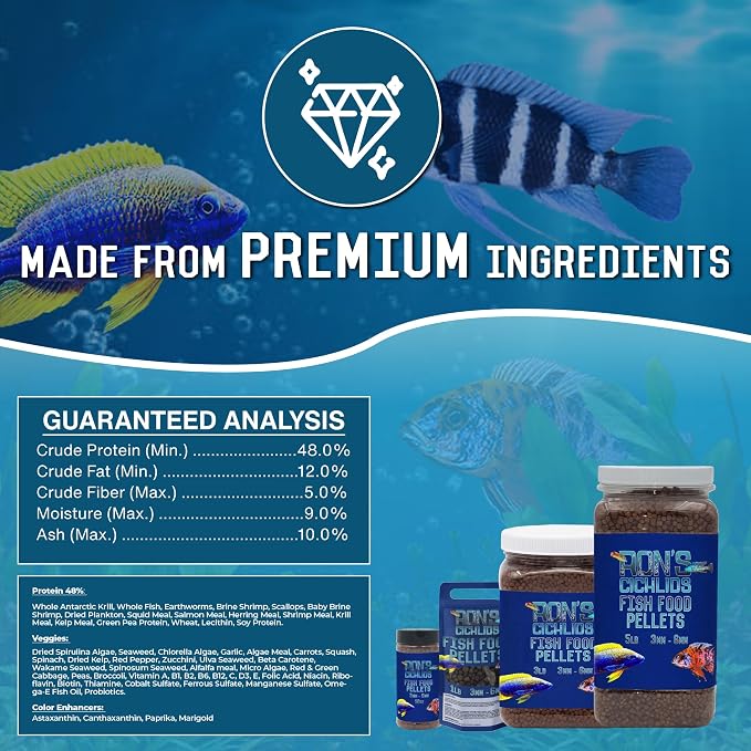 RON'S CICHLIDS African Cichlid Fish Food, Premium Tropical Fish Food Pellets with Protein, Veggies & Fruits for Healthier, Brighter & Bigger Tropical Fish & Cleaner Tanks, Big Boy Blend, 5 LB