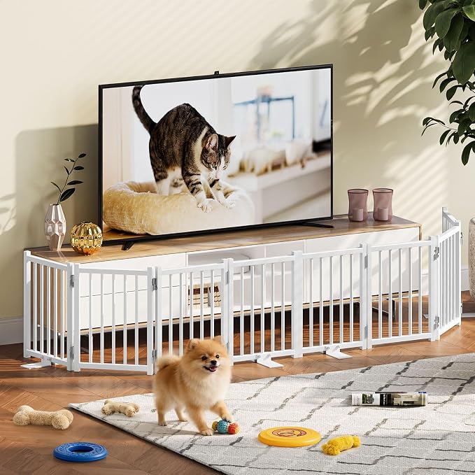 Snughome 2 Pack Short Dog Gate Indoor, 16" High Freestanding Small Dog Gates with Support Feet, Expand Up to 48’’Wide Foldable Pet Gate for Doorway, 8 Panel Pet Door Pet Fence for Puppy, White