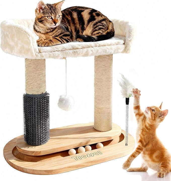 Small Wooden Cat Tree for Kittens and Small Cats, 6-in-1 Cat Tower for Indoor Cats with Bed, Sisal Scratching Post, Self-Grooming Brush, Ball Track, Plush Ball and Feather Toy, 16.5" H