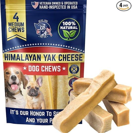 Devil Dog Pet Co. Himalayan Yak Cheese Dog Chews for Small to Medium Breeds & Aggressive Chewers - Long Lasting, Rawhide Free, High Protein - Cleaner Teeth, Anxiety & Boredom Relief - 4 Pack
