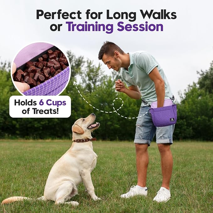 Dog Training Treat Pouch, Magnetic Dog Treat Fanny Pack for Walking, Crossbody Dog Walking Bag with Poop Bag Dispenser, Clicker & Collapsible Bowl - Purple