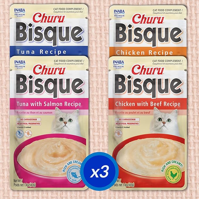 INABA Churu Bisque for Cats, Creamy Lickable Purée Side Dish with Vitamin E, 1.4 Ounces per Pouch, 24 Pouches, Tuna & Chicken Variety