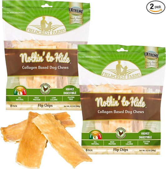 Fieldcrest Farms Nothin to Hide Flip Chips Dog Chews - Natural Rawhide Alternative Treats for Dogs, Collagen Based Snack for Moderate Chewers Up to 35lbs, Chicken Flavor - 2 Packs (16 Chips)