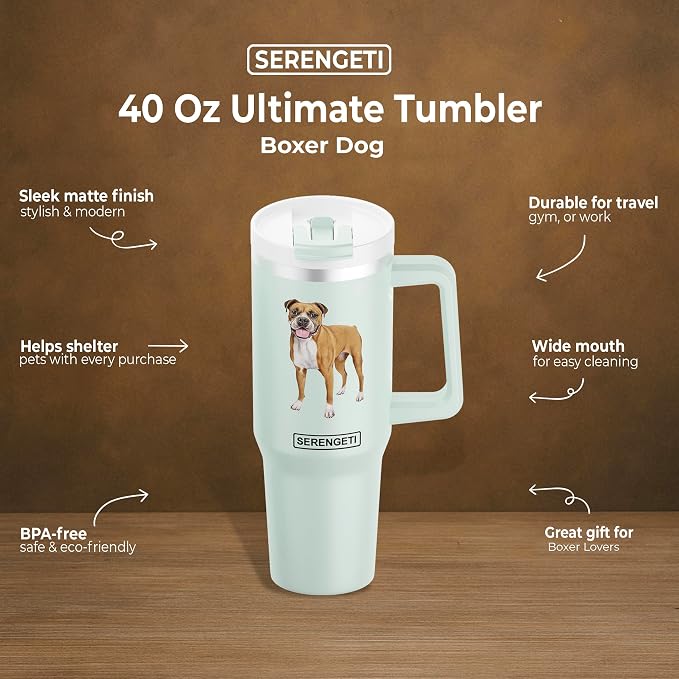 E&S Pets SERENGETI 40 Oz Ultimate Tumbler with Handle and Straw - Vacuum Insulated Tumbler with Straw and Lid - Stainless Steel Travel Mug for Pet Lovers - 3D Designs of your favorite Dog (Boxer)