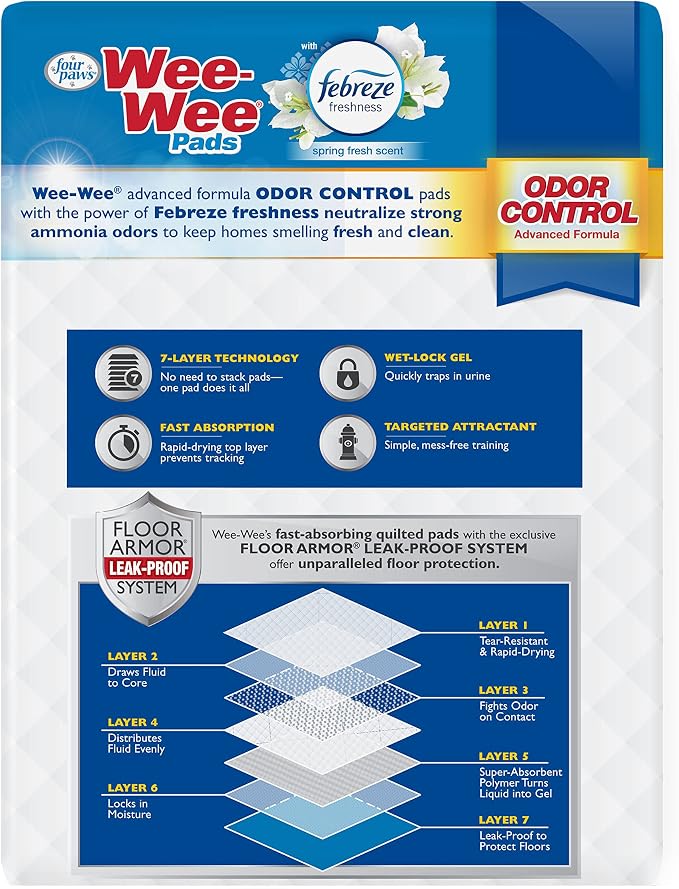 Four Paws Wee-Wee Odor Control with Febreze Freshness Pee Pads for Dogs & Puppies, Leak-Proof Dog Housebreaking Potty Training Floor Protection, Spring Fresh Scent, 22" x 23", 10 Count