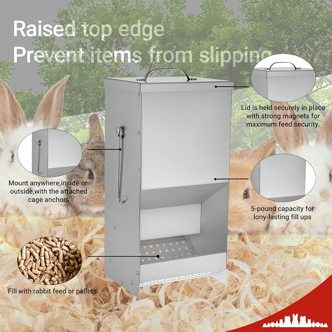 Rabbit Feeders Automatic for Cages,5 Pound Large Metal Trough Feeder with Lid Galvanized Steel Outdoor Bunny Food Dispenser for Rabbits Chicken Guinea Pig Pet and Other Small Animals