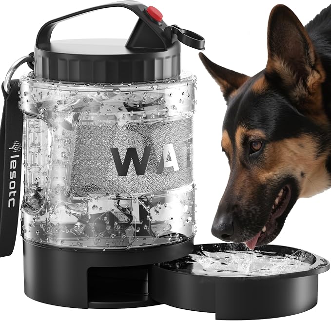 lesotc Portable Dog Water Bowl Dispenser - 77oz Travel Water Bottle with Pop-Out Drinking Bowl, No-Spill Design for Camping, Hiking & Car Rides - Keep Your Dog Hydrated Anywhere, Black
