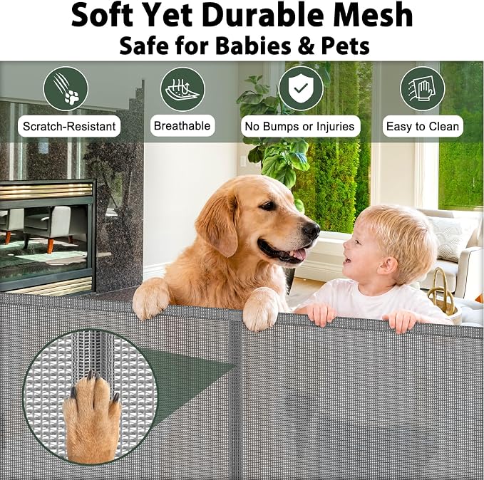 KISKIZ 59 Inch Wide Retractable Gate, Reinforced Retractable Dog Gate with Support Rods to Prevent Crawling Through, 5 FT Retractable Baby Gate for Stairs, Doorways, Hallways, Indoor/Outdoor, Gray