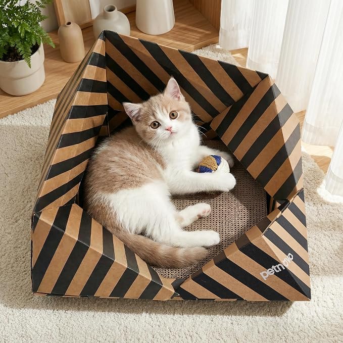 PETNOVO Foldable Cardboard Cat House Bed for Indoor Cats, Collapsible Cat Hideaway with Corrugated Scratcher Insert, Low Entry, Paper Build, 18.5 x 18.5 x 11.8 in, Black