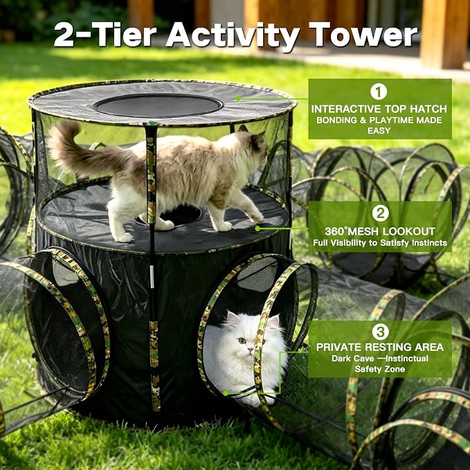 CypherX 13-in-1 Extra Large Catio Outdoor Cat Enclosure, 2-Tier Pop Up Cat Tents with Tunnels for Large Cats, Pet Tower Playpen House, Heavy Duty Outside Mesh Playground for Multiple Pets, Camo