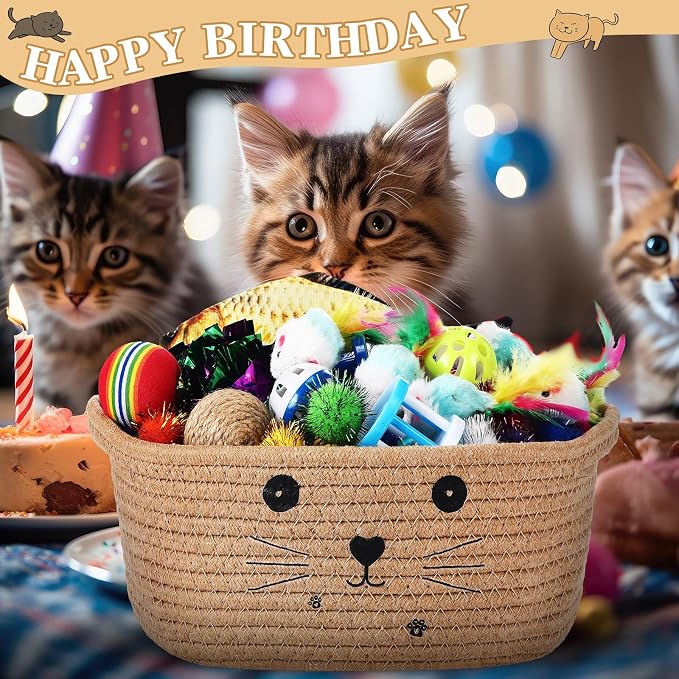 Zopeal 58 Pcs Summer Graduation Cat Storage Basket Gift Toys Set, Colorful Flashing Balls Pet Bell Crinkle Balls Spring Toys Attract Cat to Swat, Hunt, Interactive for Pet(Khaki,9.8 Inch)