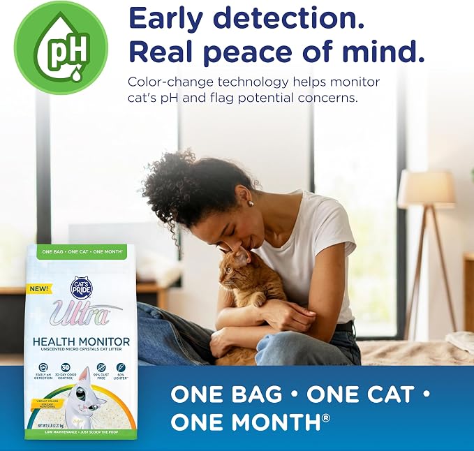 Cat's Pride Ultra Health Monitor Cat Litter, Unscented Micro Crystals (5 LB Bag) – Color Changing pH Indicator for Feline Health Tracking, 30-Day Odor Control, Dust Free and 60% Lighter