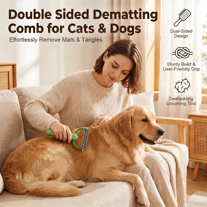 Double Sided Dematting Comb For Dogs And Cats, Undercoat Rake For Shedding, Detangling And Dematting Long, Matted Fur On Cats And Dogs (Gray)