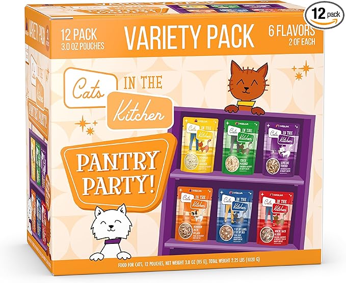 Weruva Cats in the Kitchen, Pantry Party Pouch Variety Pack in Gravy Cat Food, 3oz Pouch (Pack of 12)