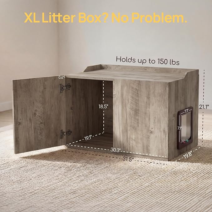 Cat Litter Box Enclosure Furniture with Cat Door, Extra Large Hidden Litter Box Cabinet for XL Boxes, 31.5" L x 19.8" W x 21.1" H, Wooden Cat Box Furniture Odor Control, Gray