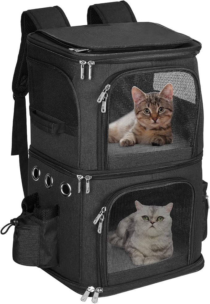 HOVONO Double-Compartment Pet Carrier Backpack for 2 Cats or Small Dogs, Dual Travel Dog Cat Carrier wih Breathable Mesh Windows, Fits Pets up to 20 lbs, Perfect for Traveling/Hiking/Camping, Black