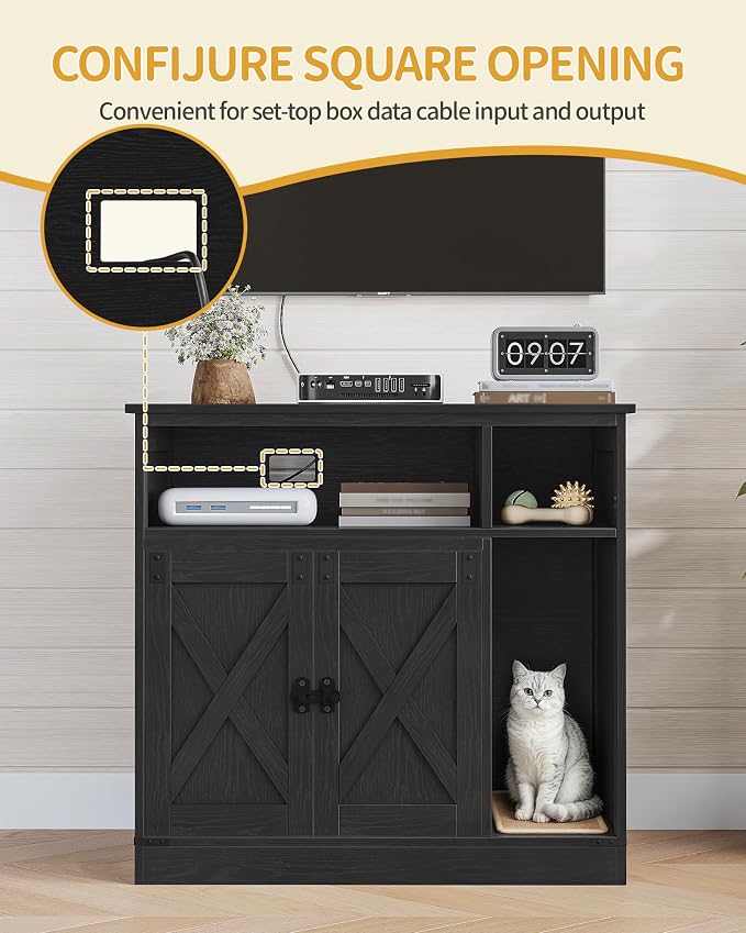 Hzuaneri Cat Litter Box Enclosure, Hidden Litter Box Furniture with Storage, Wooden Cat Cabinet with Scratch Pad, Farmhouse Cat Washroom, TV Stand End Table, Black CB87504X
