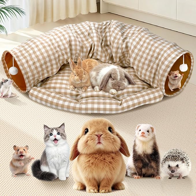 Spardar Bunny Tunnel Bed, 2-in-1 Collapsible Tunnel Tubes Toys, Washable, with Removable Mat Hideout, Interactive Toys for Rabbits Chinchilla Hedgehog Guinea Pigs Kitty, Checkered