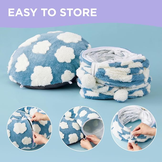 Lesure Cat Tunnel Bed for Indoor Cats - Cute Cat Donut Tunnel Toys for Small Large Cats with Washable Circle Cushion, Round Pet Peekaboo Cave Toy for Kitten/Puppy/Rabbit, Standard Cozy Clouds Blue