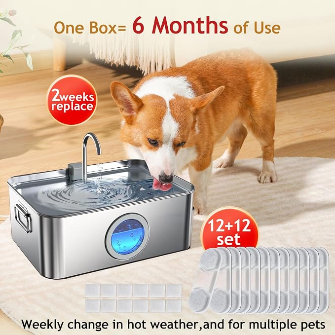 12 Pack Dog Water Fountain Filter for Zuqqony/MAILOFY/FIYOVA 12L&16L Stainless Steel Fountain,Dog Water Filter Replacement for Automatic Water Dispenser,6 Month Set,with 12 Sponge