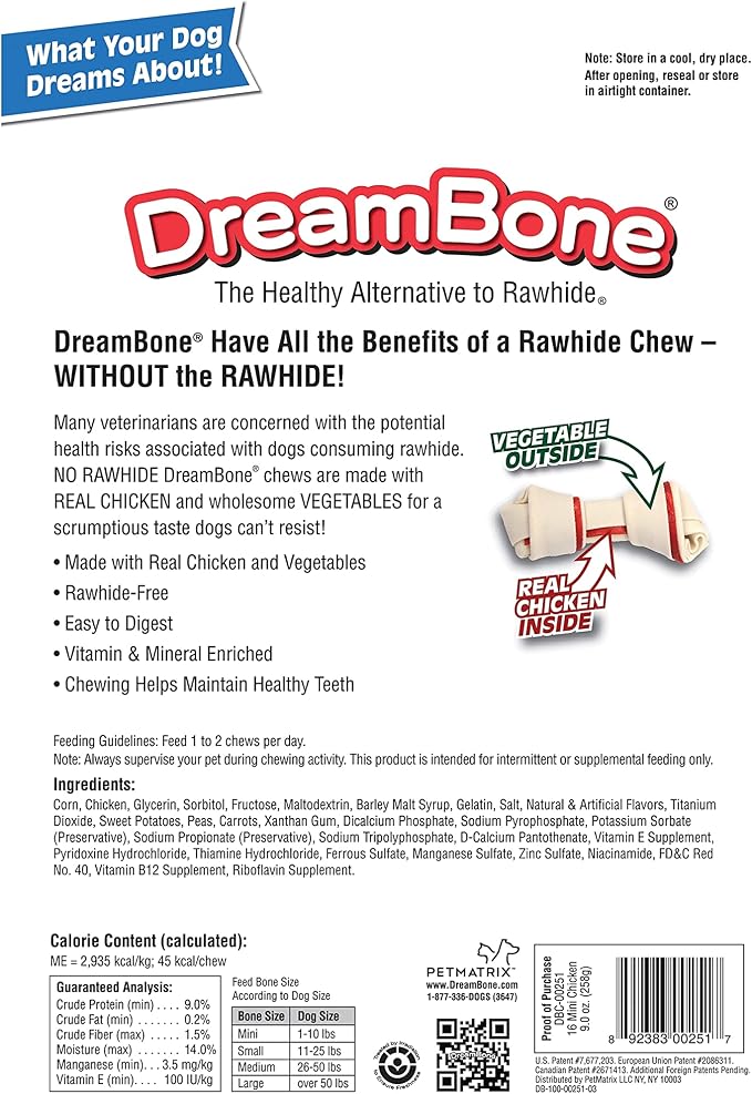 DreamBone Mini Chews with Real Chicken 16 Count, Rawhide-Free Chews for Dogs, 9 Ounce, Package May Vary (3 Pack)