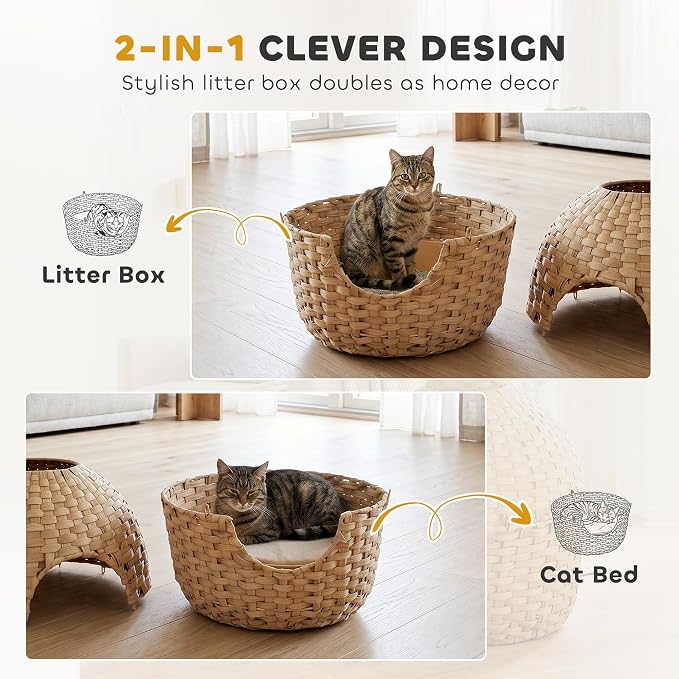 PawHut Hidden Cat Litter Box Plant Furniture Enclosure with Faux Plant & Stainless Steel Tray, Decorative Rattan Planter Cat Bed, Real Stones, for Bedroom, Living Room, Corner