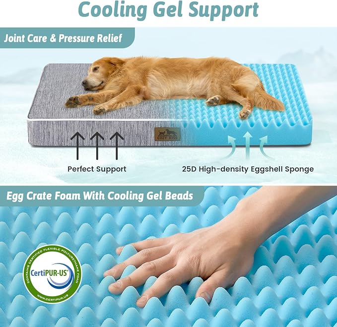 COZY KISS Cooling Orthopedic Dog Bed, Waterproof Egg Crate Foam Pet Bed with Removable Washable Cover, Silver Grey, 36x27x3 Inch,Dark Grey