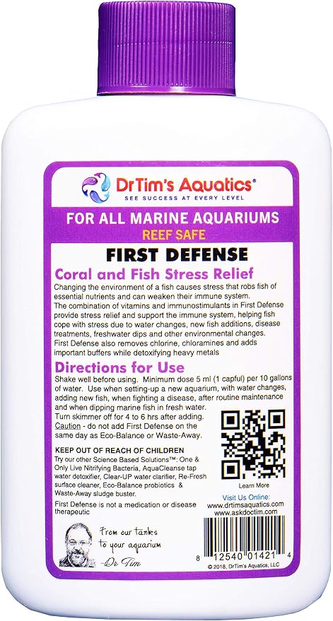 DrTim's Aquatics Reef First Defense Fish Stress Relief and Immune Support – For Reef, Nano, Sea Horse Fish Tanks, Aquariums – Revitalizes Natural Coat – Detoxifies Heavy Metals, Repairs Wounds – 4 Oz. (421)
