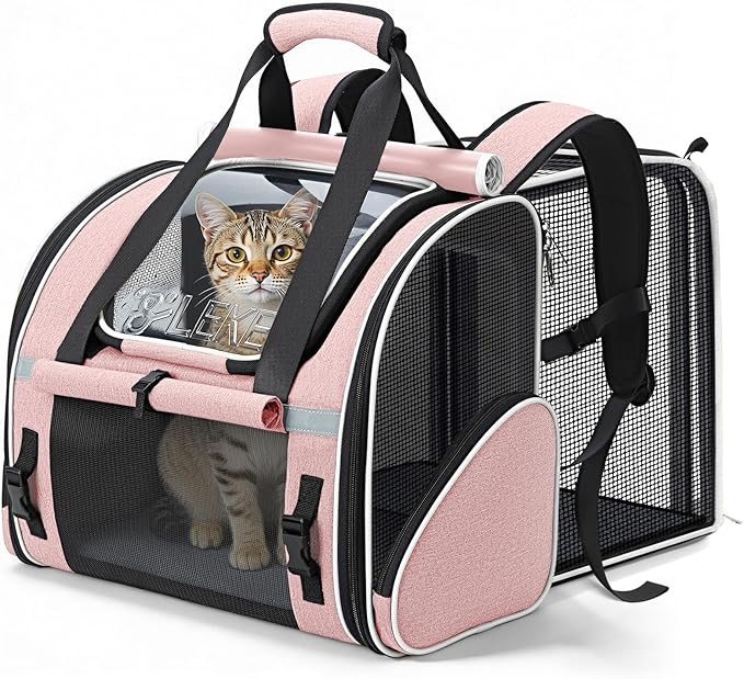 Lekereise Widened Pet Backpack Travel, Wide Pet Carrier Backpack for Cats and Small Dogs up to 18 lbs, Breathable Mesh Backpack Carrier with Sun Shade, Leash, Hand Carry for Travel Vet Car, Pink