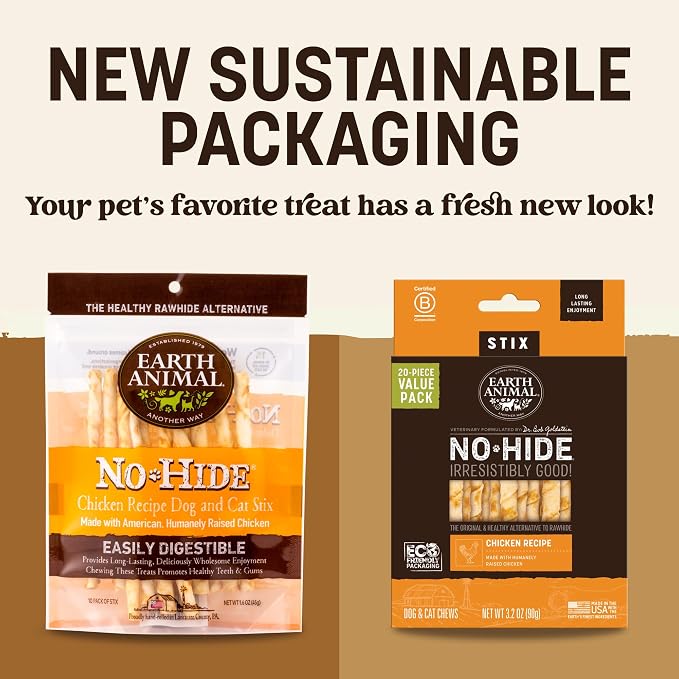 Earth Animal No Hide Stix - Long Lasting Rawhide Free Small Dog Chews Sticks, Chicken - 30 Count