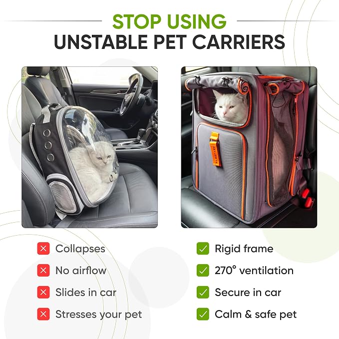 Premium Expandable Cat Carrier Backpack with Car Seat Belt Safety System – Rigid Frame Pet Carrier Backpack for Cats & Small Dogs up to 25 lbs – Breathable, Durable – Includes Bottle & Feeding Bowl