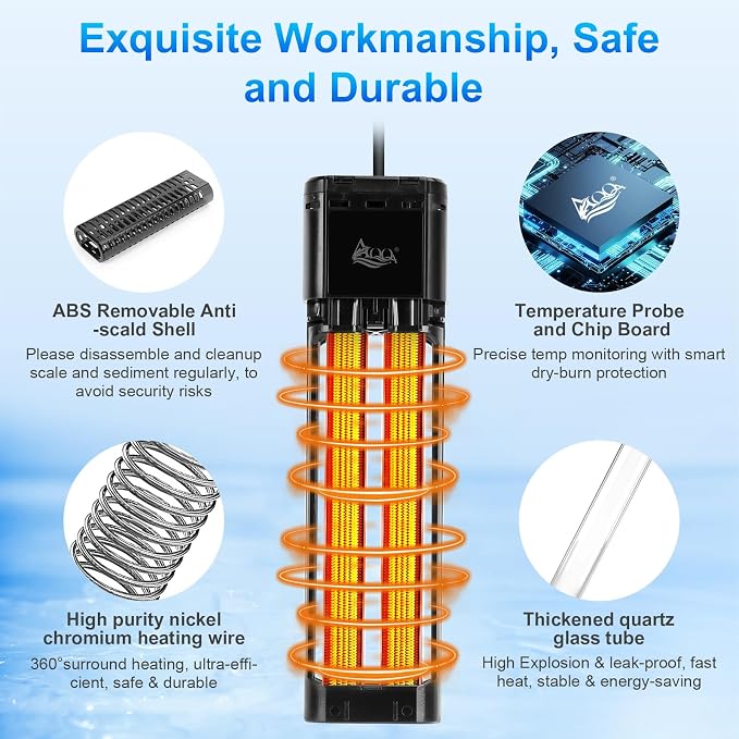 AQQA Aquarium Heater, 1200W Submersible Fish Tank Heater for 155-265 Gallon, Intelligent Digital Aquarium Heater with Over-Temperature Dry Burning Protection, for Freshwater and Saltwater Aquariums