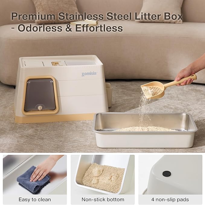 ZOMISIA Stainless Steel Cat Litter Box, Extra Large Covered Litter Box with Lid, Scoop, Odor Control Filter, XL Side/Top Entry Enclosed Cat Boxes for Big Kitty, Khaki