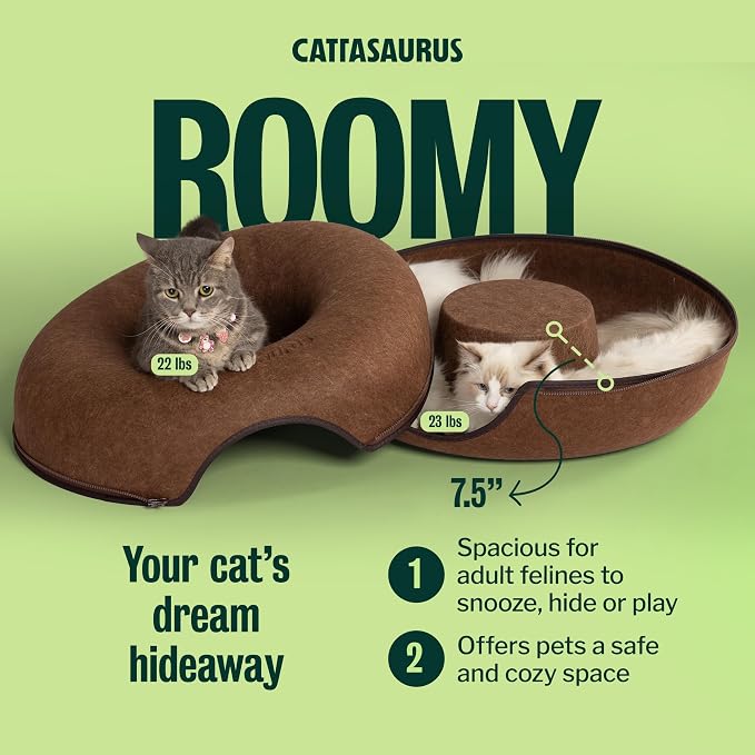 Cattasaurus Peekaboo Cat Cave Donut for Multiple & Large Cats up to 30-45 lbs, 3-in-1 Self Warming Cat Bed, Tunnel & Scratcher for Indoor Cats, Washable & Detachable Small Dog Bed (Brown, Large)