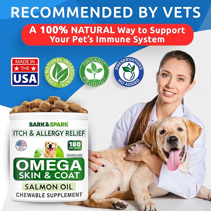BARK&SPARK Omega 3 for Dogs - 180 Fish Oil Treats for Dog Shedding, Skin Allergy, Itch Relief, Hot Spots Treatment - Joint Health - Skin and Coat Supplement - EPA & DHA Fatty Acids - Canine Salmon Oil