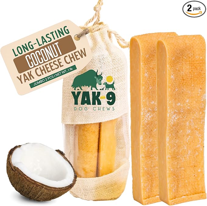 Yak9 Yak Cheese Himalayan Dog Chews Large & Giant Breeds (75+ LBS), Coconut | High Protein, Non Rawhide Dog Chews Long Lasting | Non GMO, Gluten Free, Grain Free Yak Milk Dog Chew | Jumbo Size,2 PC
