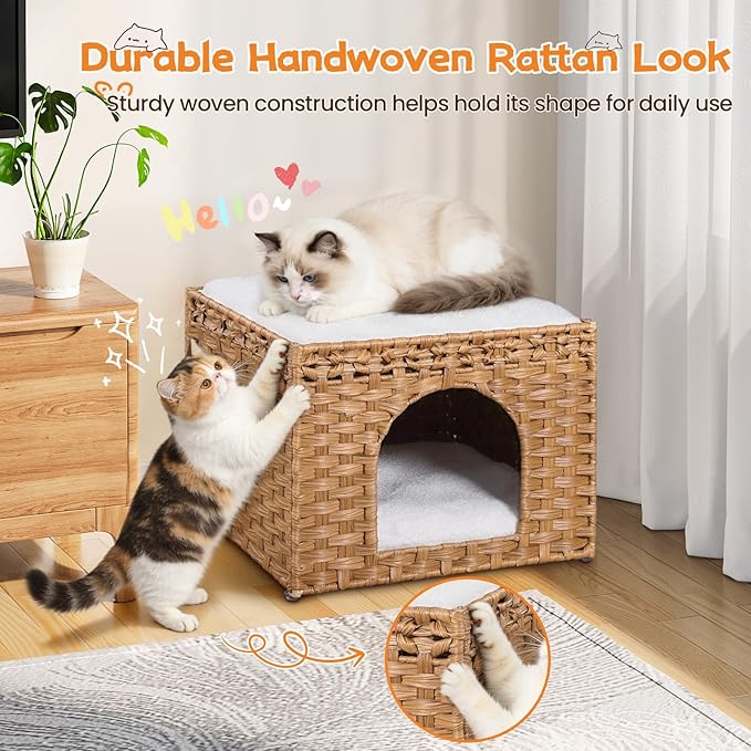 Snughome Handwoven Rattan Cat House - Indoor Foldable Cat Bed Cave with 2 Removable Bed Mats, Large Kitten House, Hideaway Pet Cube, 16.54 x 16.54 x 12.6 Inches, Natural, for Living Room & Bedroom
