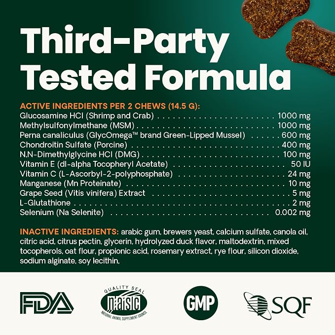 VetriScience Ultimate Strength Healthy Hip & Joint Chews, GlycoFlex Glucosamine,Chondroitin & Green-Lipped Mussel Support Supplement for Dogs, Soothe Joint Discomfort,Duck,60 Count (Pack of 2)
