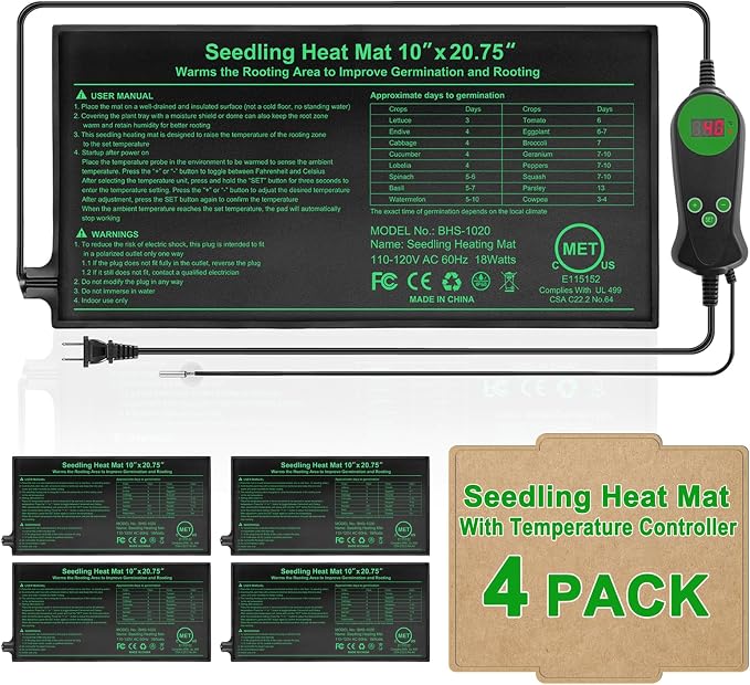 GOLOPET Seedling Heat Mat with Thermostat Pack of 4, Dual Certified by MET and UL Plant Heating Mat Pad Equipped with A Temperature Probe, It Automatically Maintains A Constant Temperature