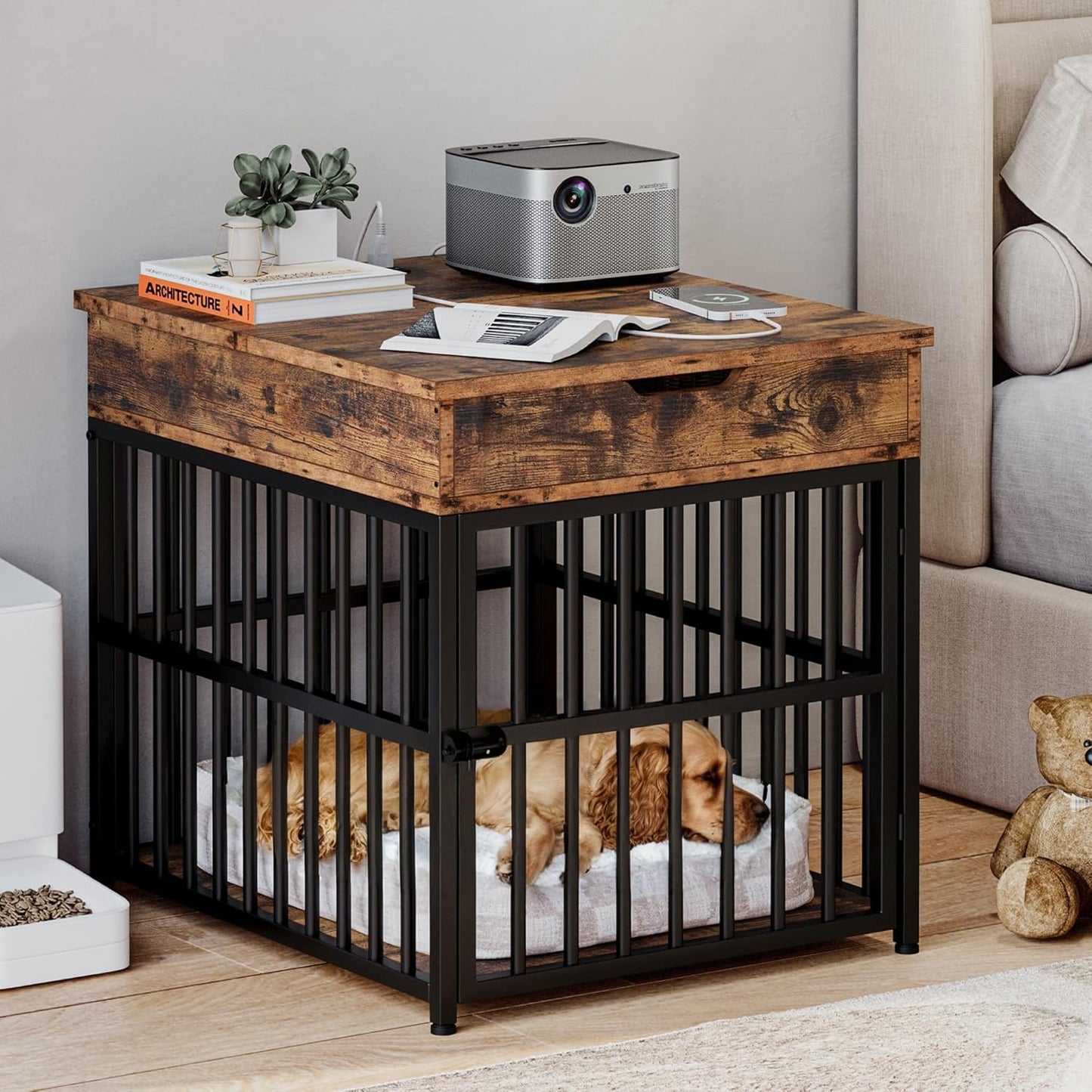 IRONCK Dog Crate Furniture for Small Dogs, Wooden Dog Kennel with Flip Top Drawer, Indoor Pet Crate End Table with Charging Station, Steel-Tube Dog Cage, Rustic Brown
